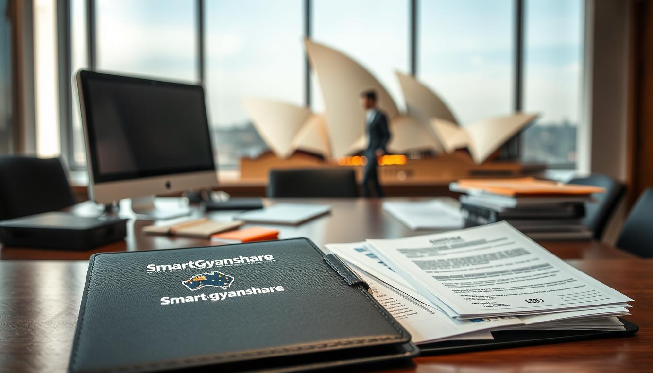 A professional, well-lit office setting with a desk, computer, and files, representing the bureaucratic process of obtaining an Australian work visa for store keepers. In the foreground, a smartgyanshare branded folder and documents related to the visa application prominently displayed. The middle ground features a human figure, likely a store keeper, engaged in the visa application process, while the background showcases the iconic Sydney Opera House, subtly hinting at the Australian destination. The overall mood is one of diligence, professionalism, and the promise of international opportunity.