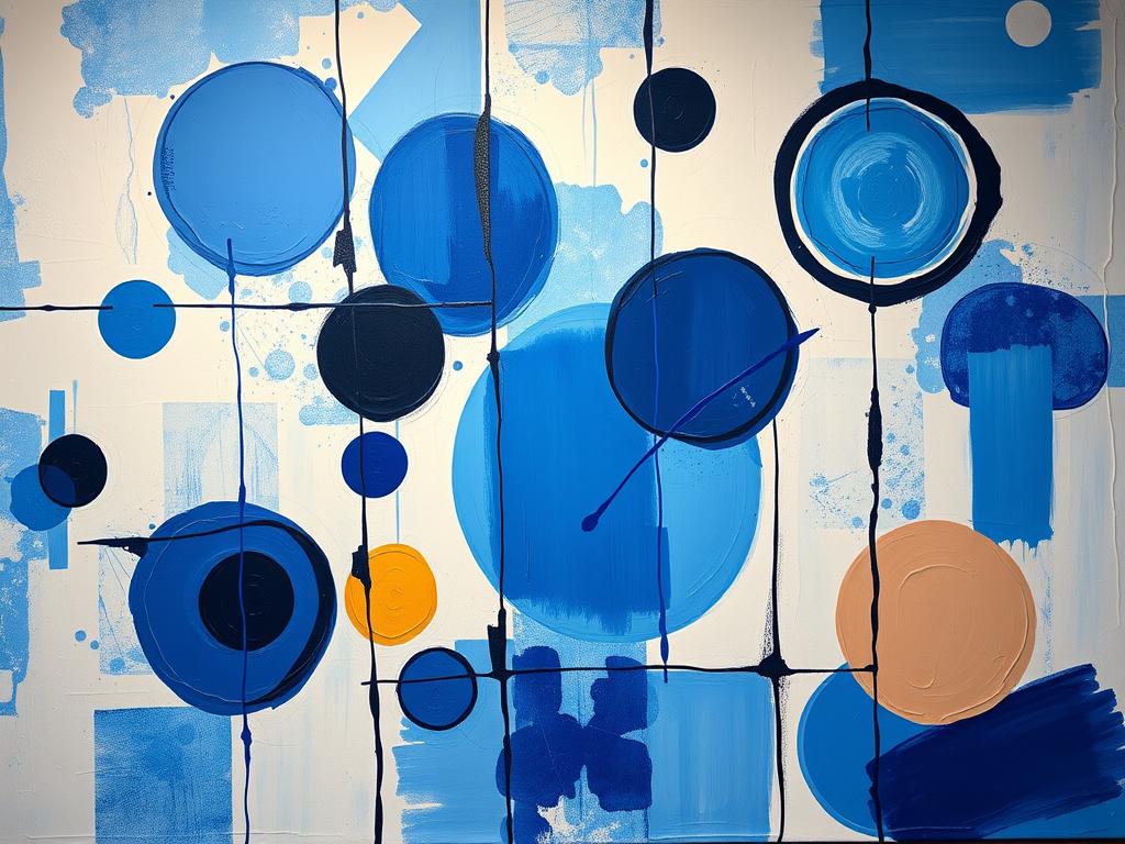 Kandinsky-inspired blue abstract painting with geometric elements