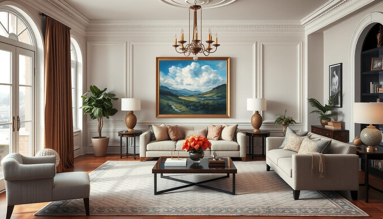 image of a beautifully decorated living room with a stunning oil painting as the centerpiece.