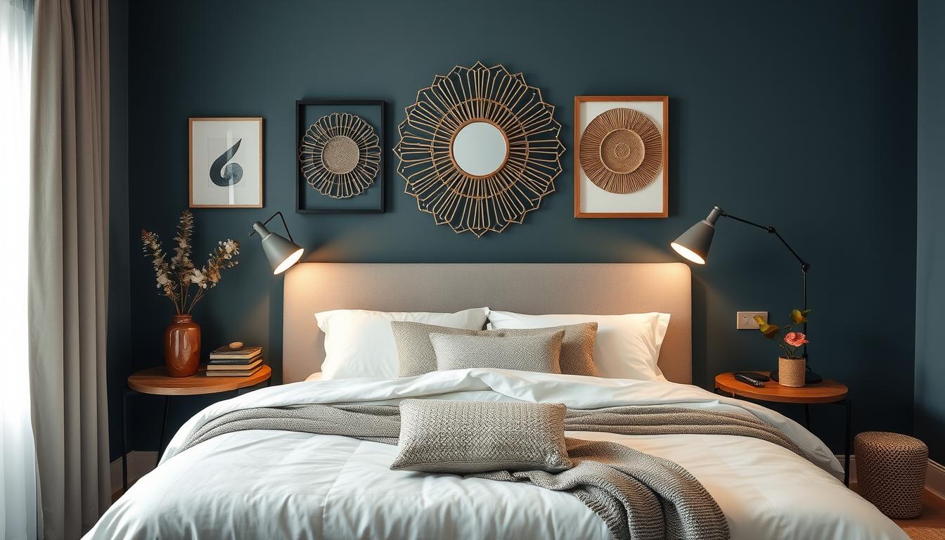 photo of a serene bedroom with a mix of modern and traditional wall decor.