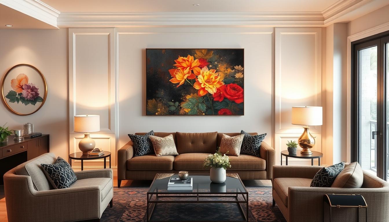 decorated living room with a stunning Noho Art painting on the wall.