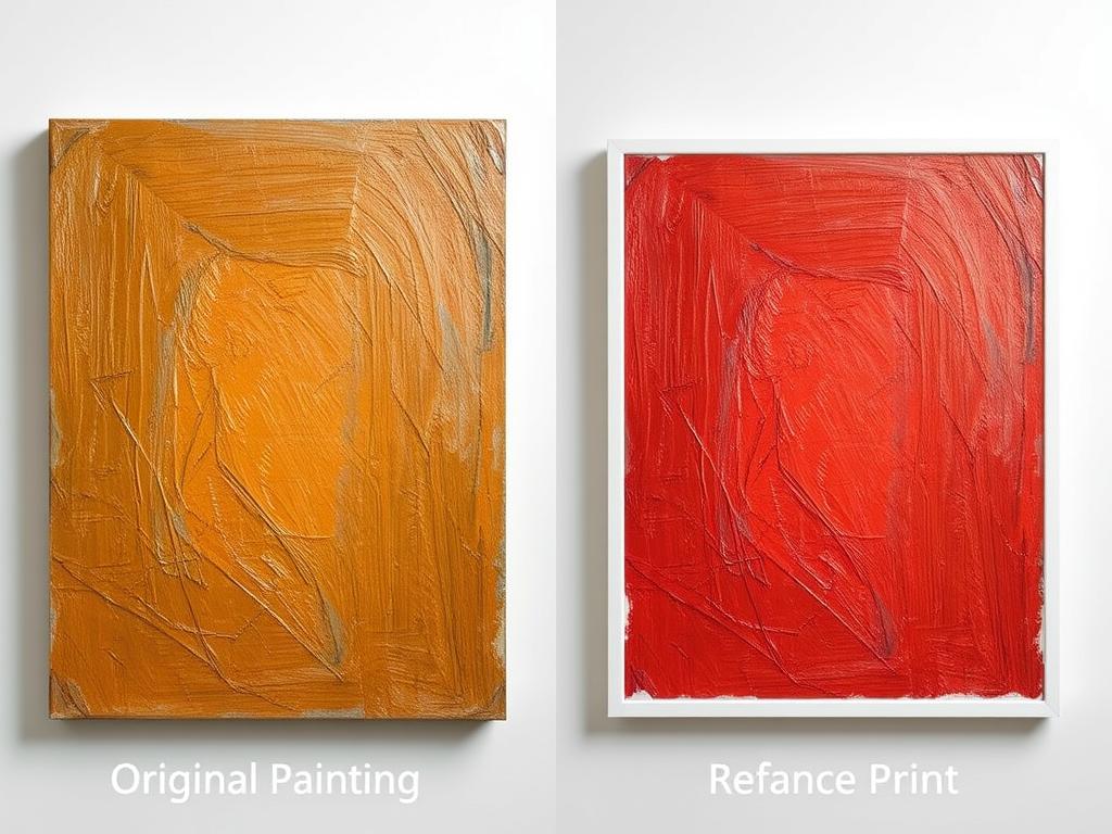 Side-by-side comparison of an original art painting and its reproduction showing texture differences