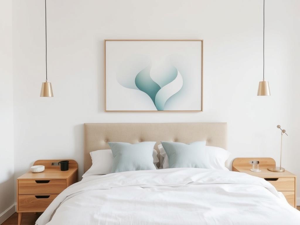 Serene bedroom with calming unique wall art above headboard