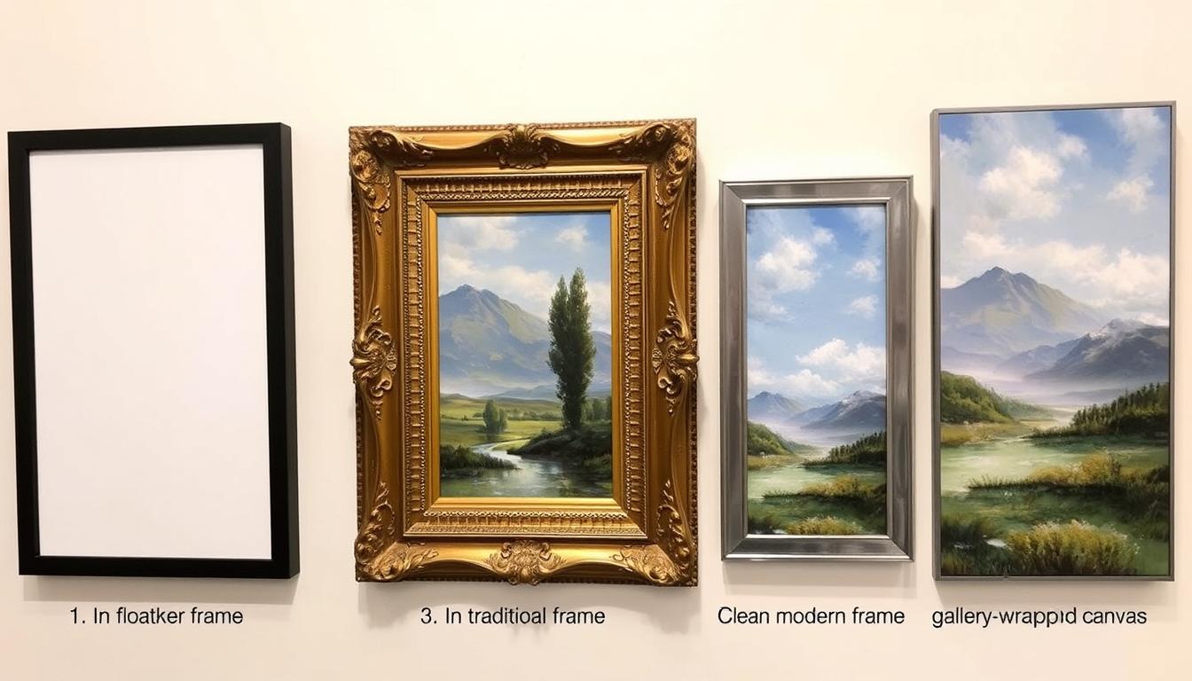 Different framing styles for canvas paintings including floater frames, ornate frames, and gallery wraps. Noho Art