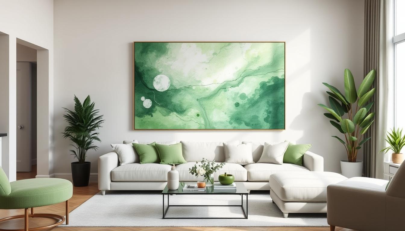 Modern living room featuring a large green abstract artwork as focal point. Noho Art Gallery