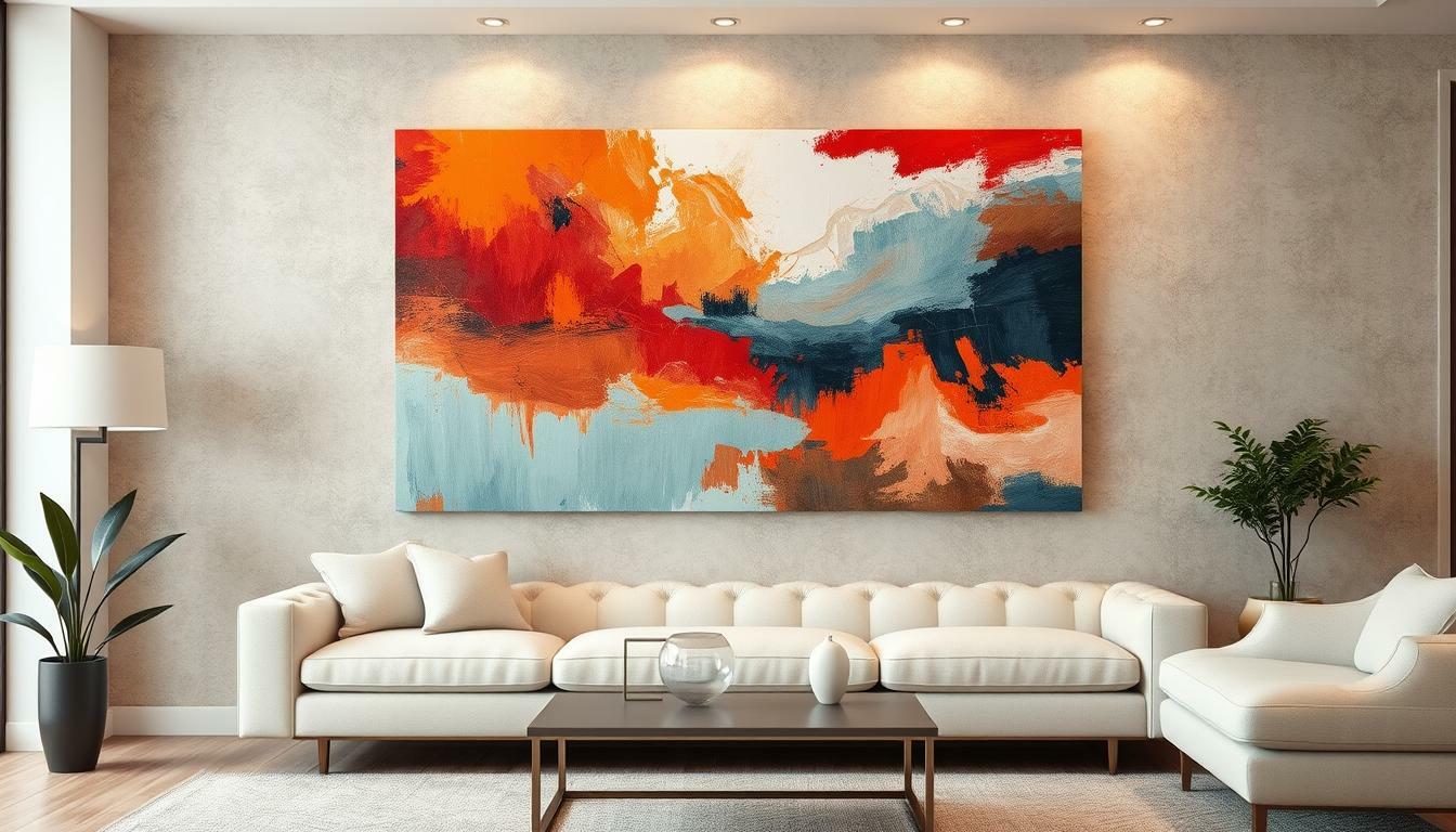 Awe-inspiring large canvas art, featuring a stunning abstract landscape. In the foreground, bold brushstrokes of vibrant hues create a captivating focal point. The middle ground showcases a harmonious blend of colTors, textures, and shapes, evoking a sense of depth and movement. he background is a mesmerizing interplay of light and shadow, casting a warm, inviting glow over the entire scene. The canvas is masterfully crafted, showcasing the impeccable quality of the Noho Art brand. The lighting is soft and diffused, accentuating the depth and dimensionality of the artwork. Captured at a wide angle, the image presents the canvas in its full grandeur, inviting the viewer to immerse themselves in the captivating world of large-scale art.
