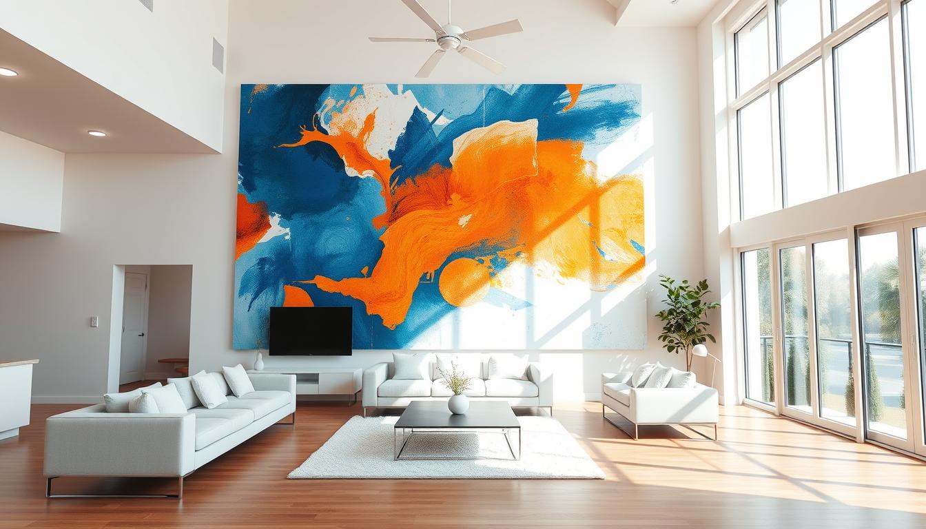 Modern living room featuring a large abstract unique wall art piece as focal point