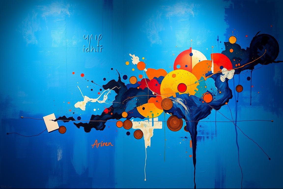 Blue abstract painting with cultural symbolic elements at Noho Art