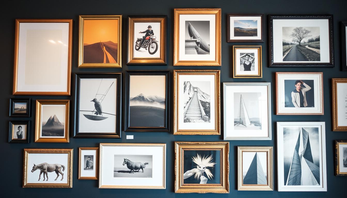 Create a visually appealing gallery wall with a mix of art pieces and frame styles.