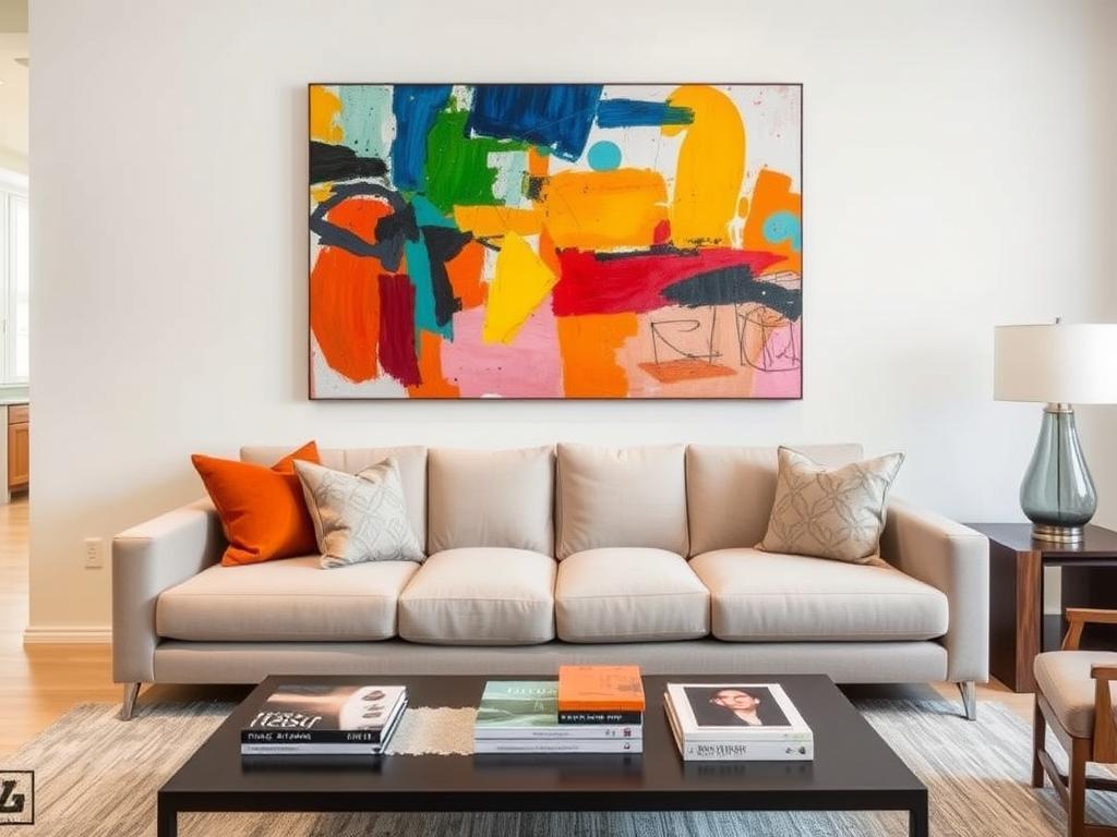 Modern living room with unique wall art as focal point above sofa