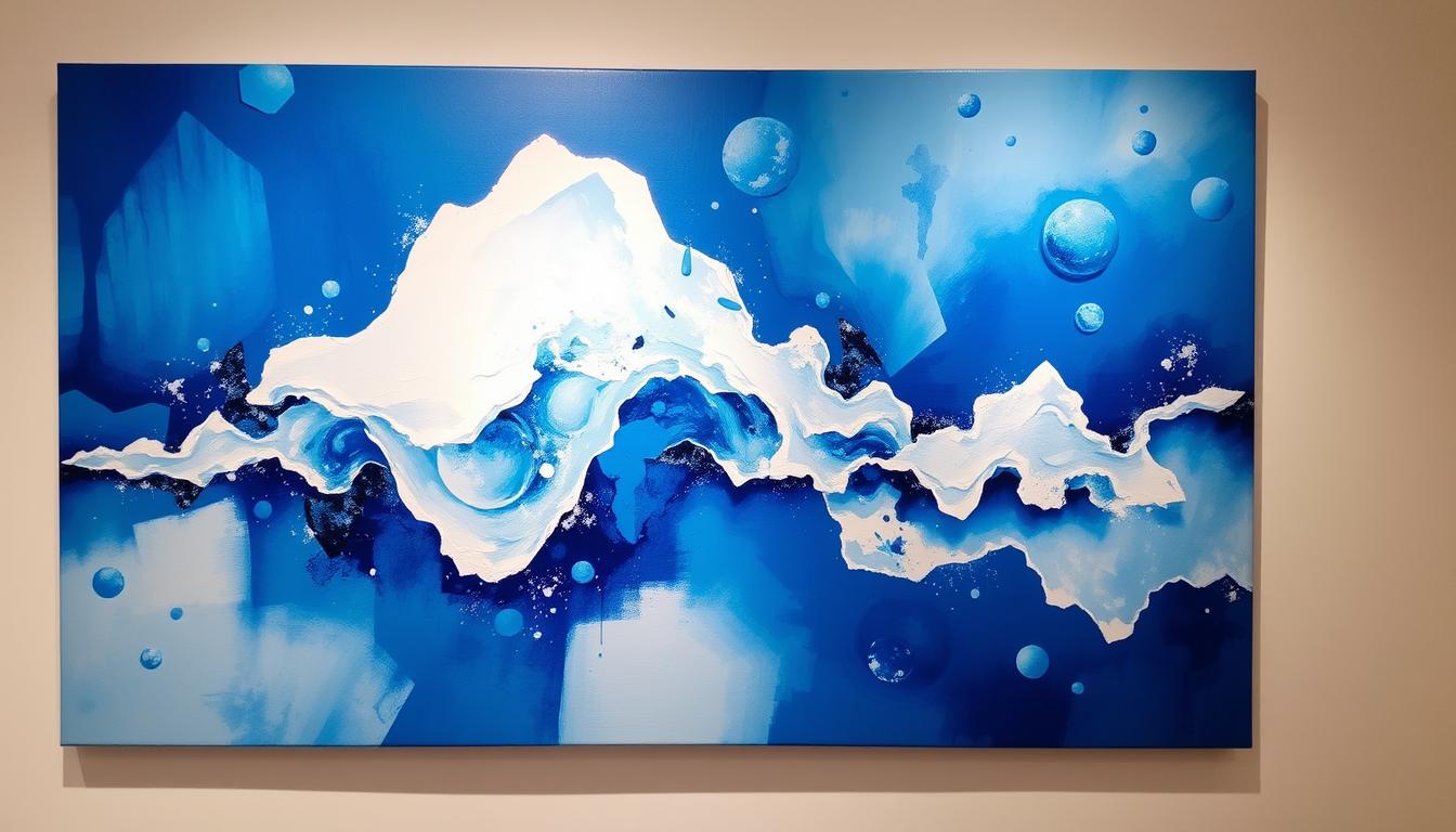 Blue abstract painting with environmental themes at Noho Art