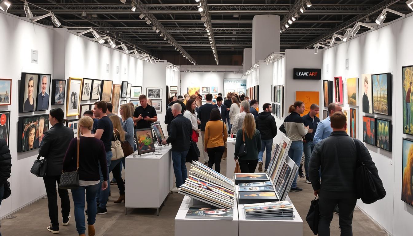 Art fair with multiple booths showing art for sale to public. Noho Art