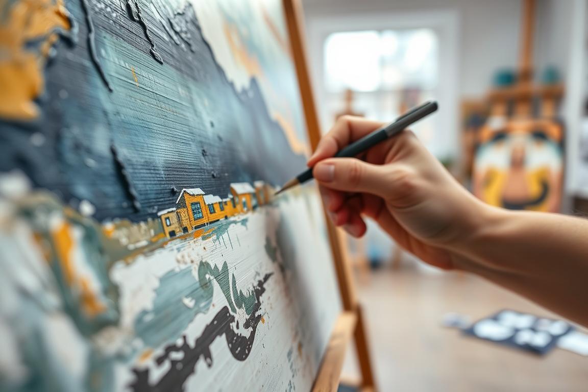 Artist signing an original art painting in studio