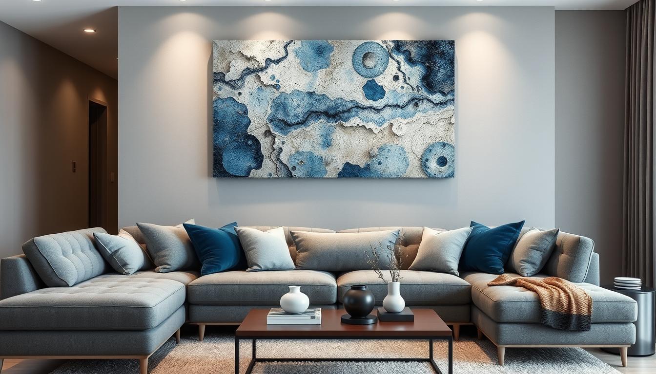 Living room featuring a large textured wall art piece as a focal point above a modern sofa. Noho Art