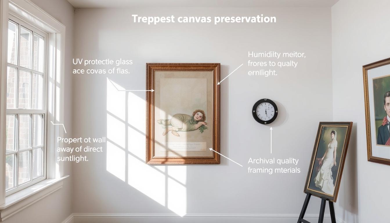 Proper preservation techniques for framed canvas paintings including UV protection. Noho Art