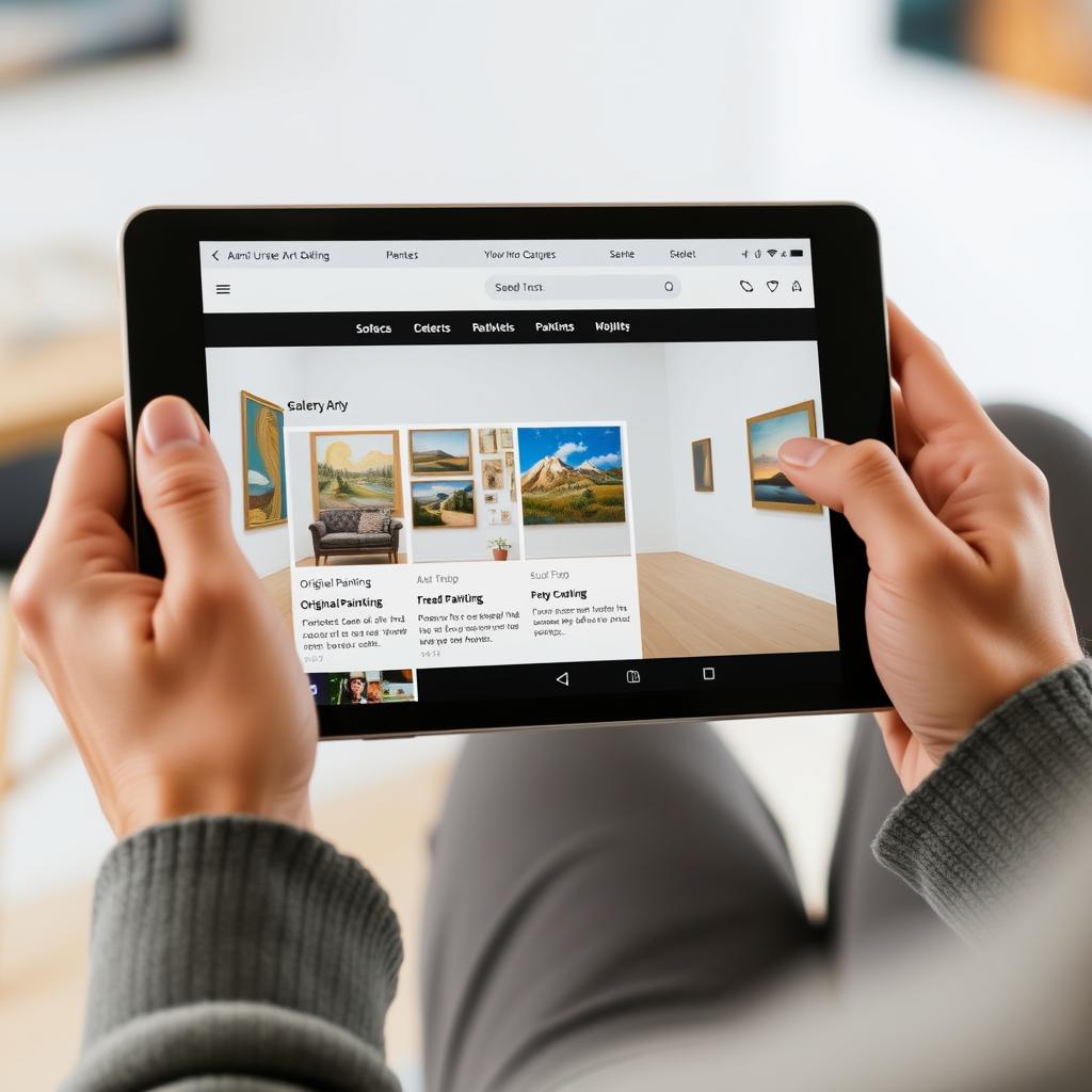 Person browsing original art paintings on a curated online gallery