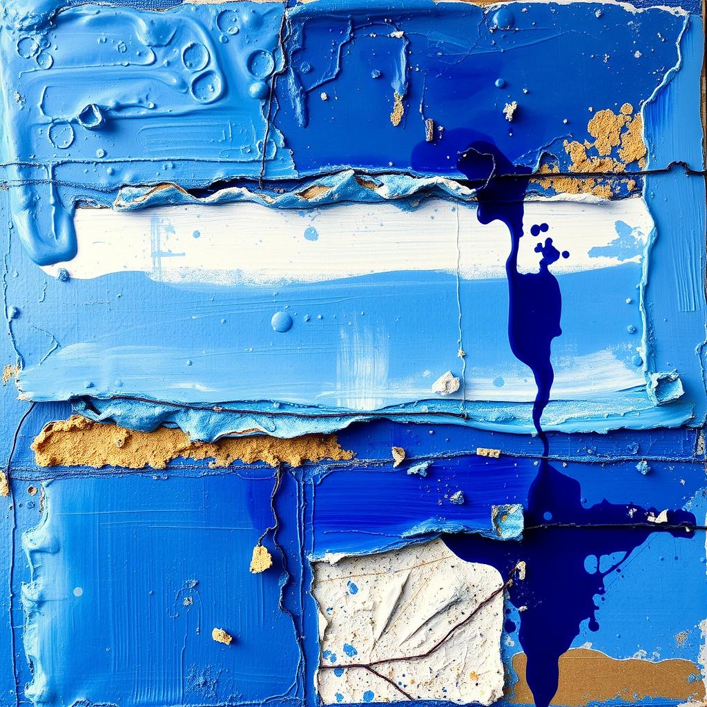 Textured blue abstract painting with mixed media elements at Noho Art