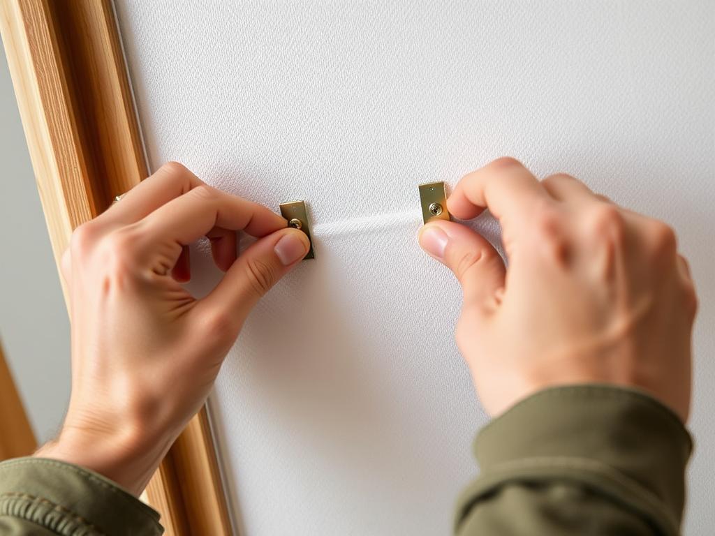 Close-up of offset clips being used to secure a canvas in a frame. Noho Art
