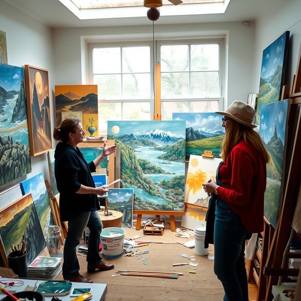 Artist in studio with original art paintings