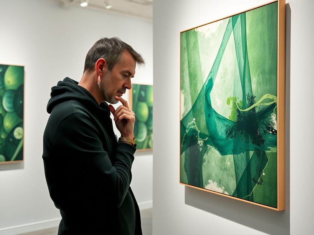 Person examining green abstract artwork in a gallery setting. Noho Art