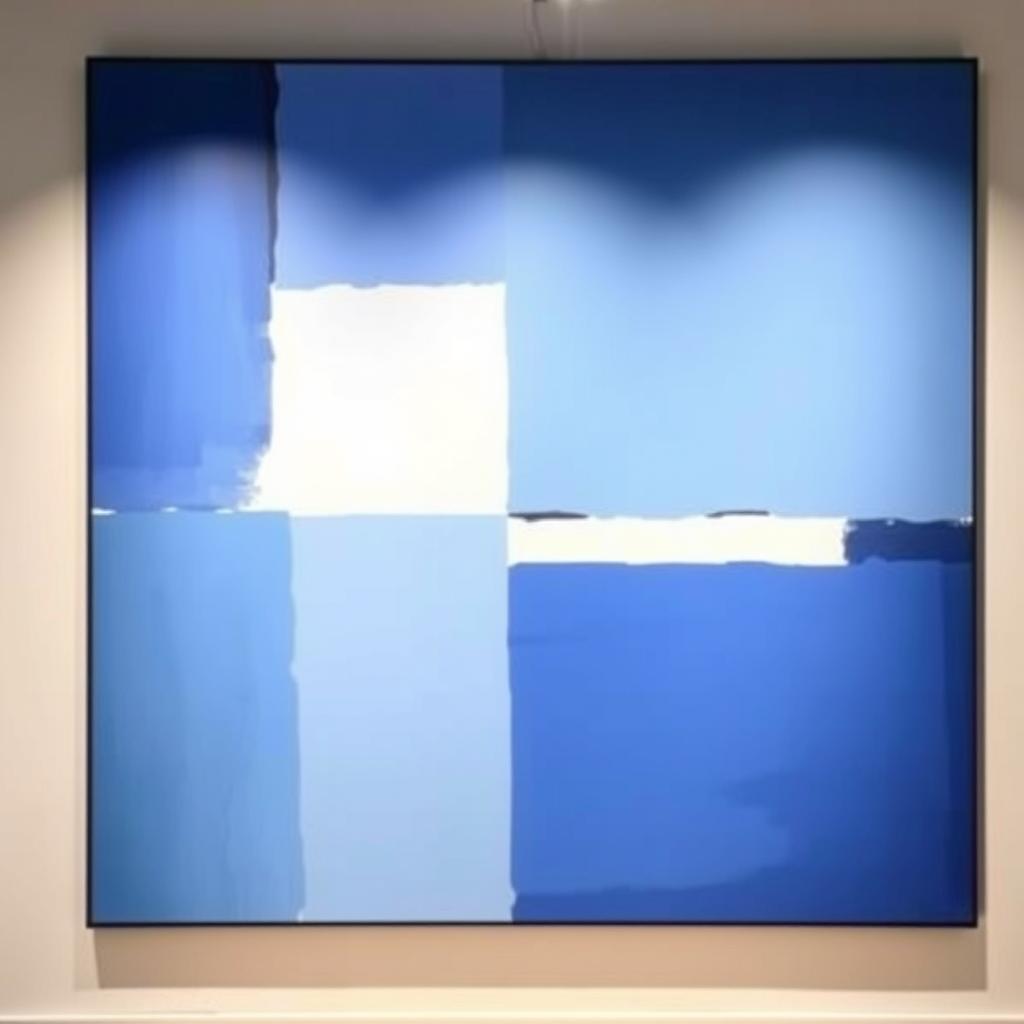 Minimalist blue abstract painting with simple forms at Noho Art