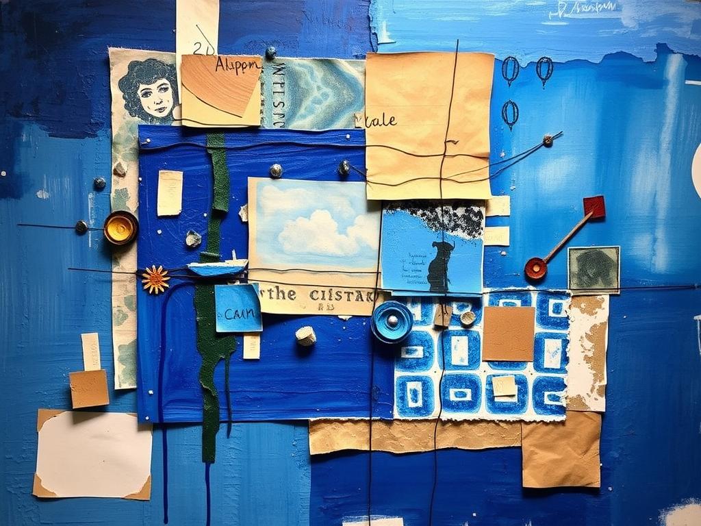 Mixed media blue abstract artwork with multiple materials at Noho Art