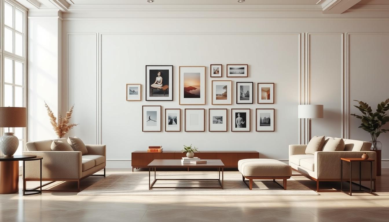 An elegant room interior with clean lines and contemporary furniture, featuring a Noho Art wall placement guide displayed on the main wall. The guide shows various arrangements of framed art pieces, designed to inspire viewers on how to strategically position wall art to elevate the room's aesthetic. The lighting is soft and natural, casting a warm glow that accentuates the high-quality materials and finishes. The overall mood is one of refined sophistication, with the Noho Art wall guide serving as the focal point that seamlessly integrates with the minimalist, yet inviting decor - Noho Art