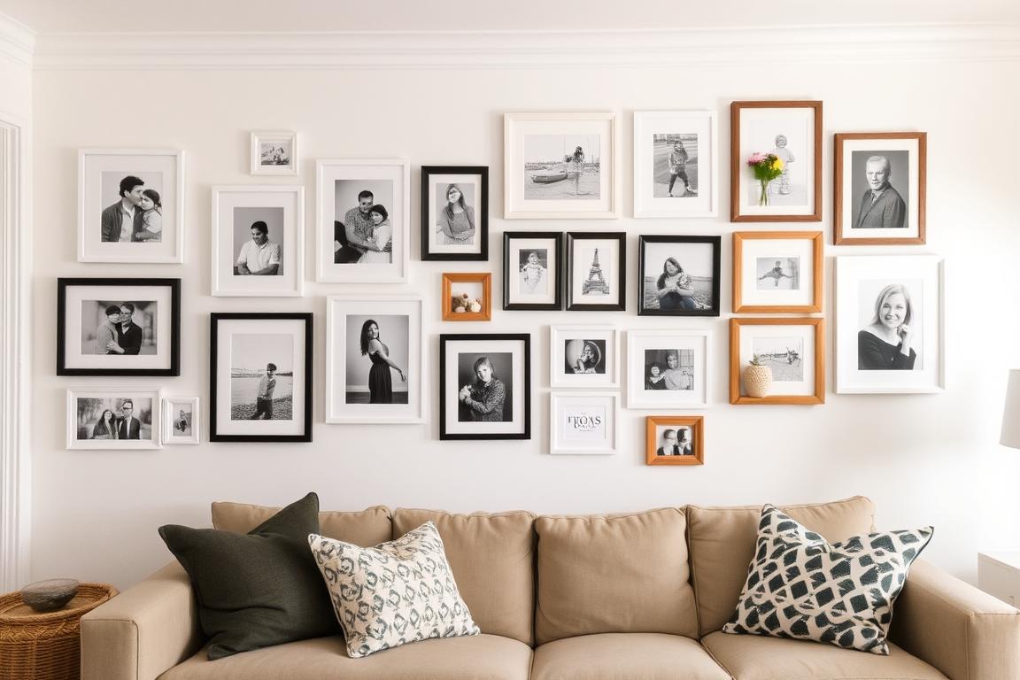 Personalized gallery wall with mix of framed photos, prints and small objects