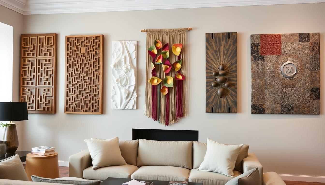 Collection of different textured wall art types including carved wood, plaster relief, fiber art, metal sculpture, and mixed media pieces. Noho Art