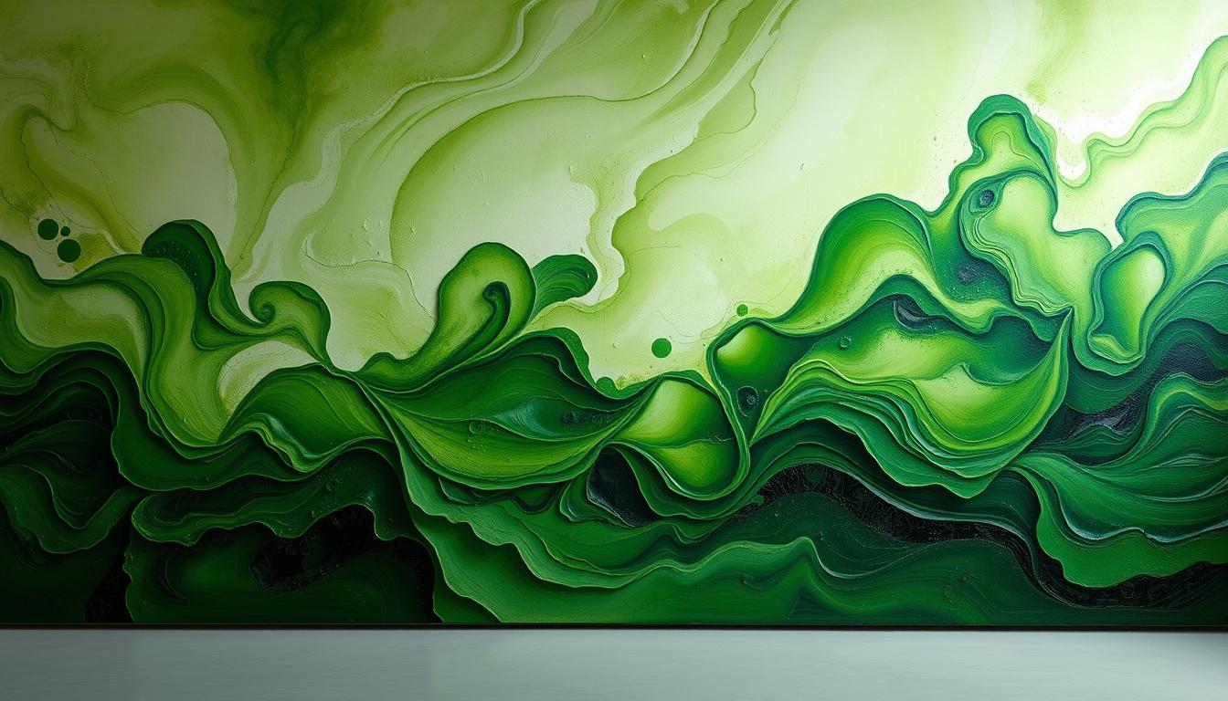 Green abstract art piece featuring various shades of green with flowing organic forms. Noho Art