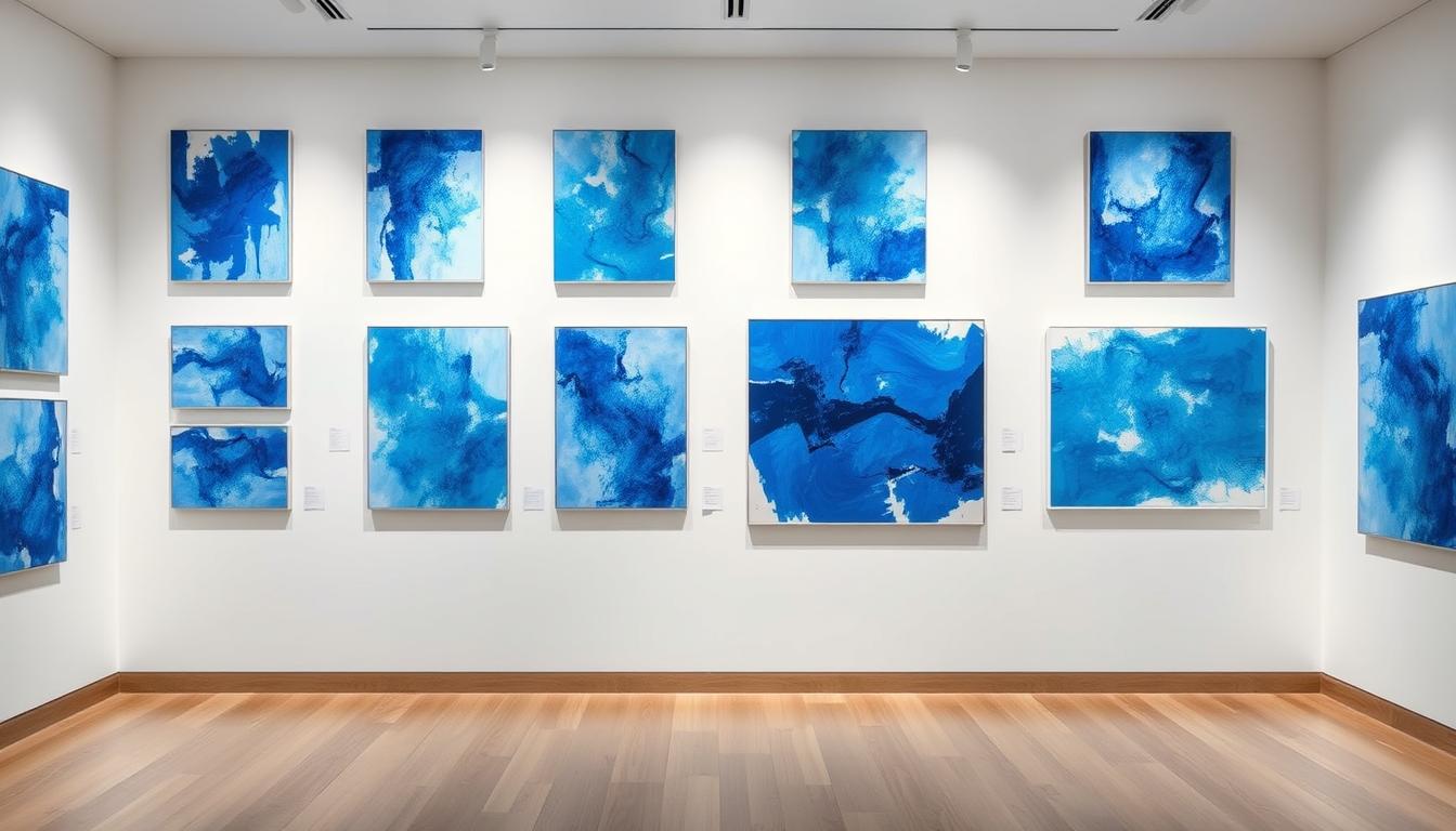 Gallery wall with multiple blue abstract paintings at Noho Art