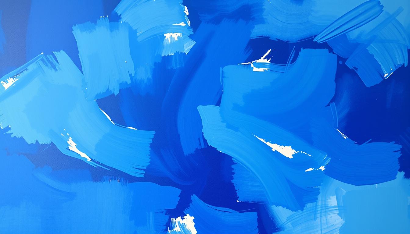 Blue abstract painting with flowing brushstrokes and varying shades of blue