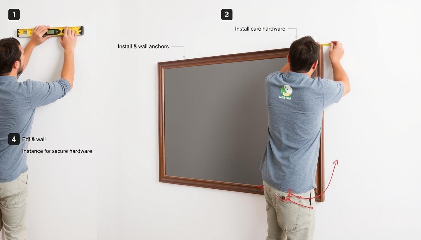 Person properly installing large unique wall art with proper tools and techniques