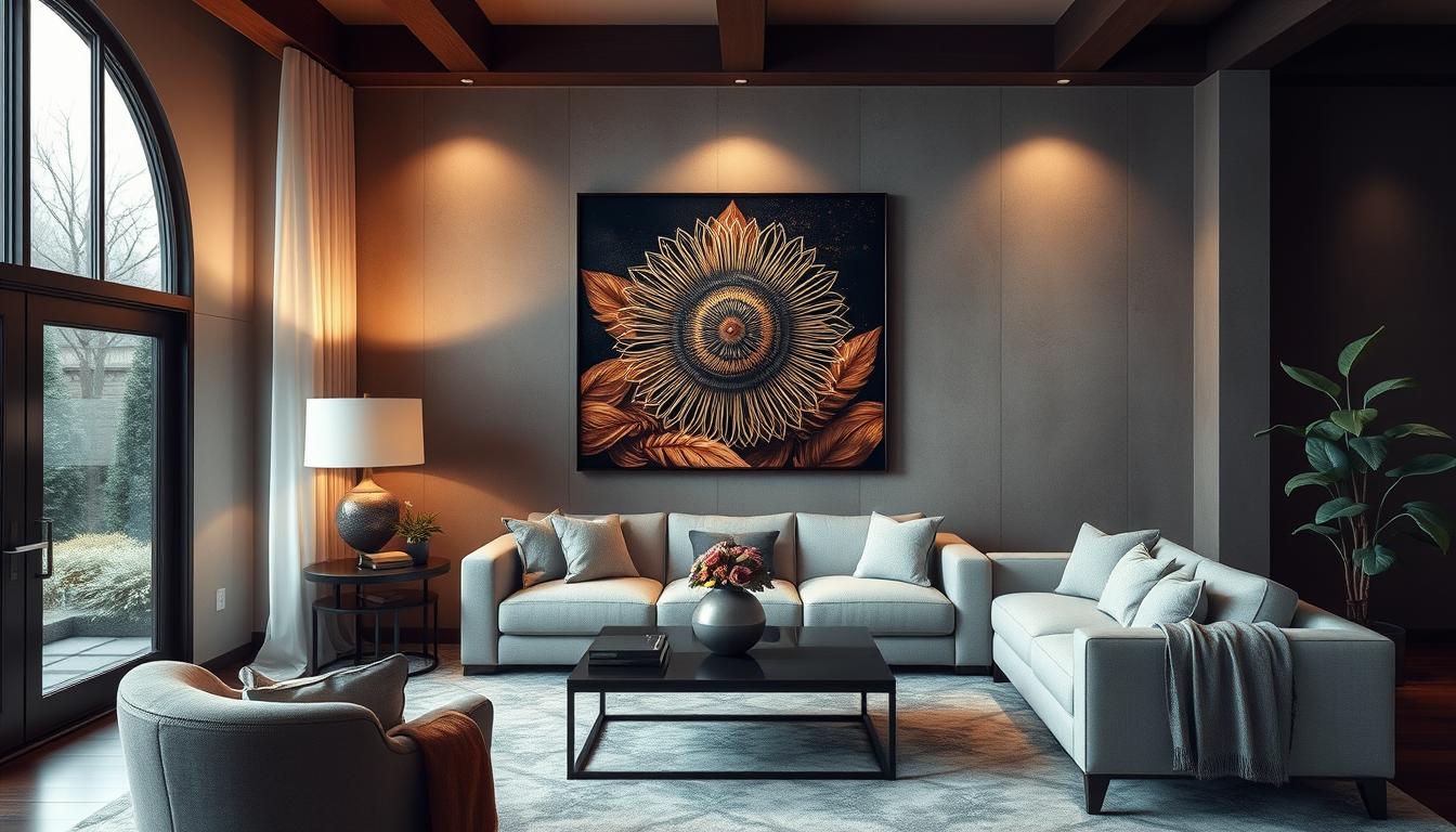 image of a beautiful living room with a stunning signature art piece on the wall. Noho Art