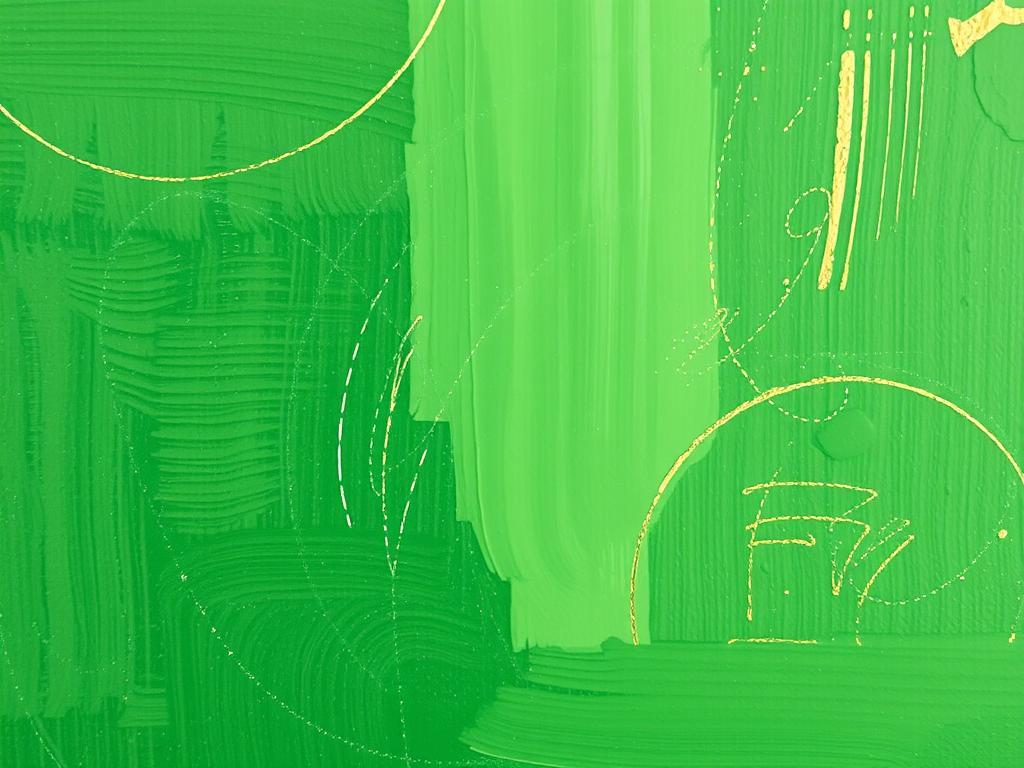 Close-up of green abstract art showing layering and textural techniques. Noho Art Gallery