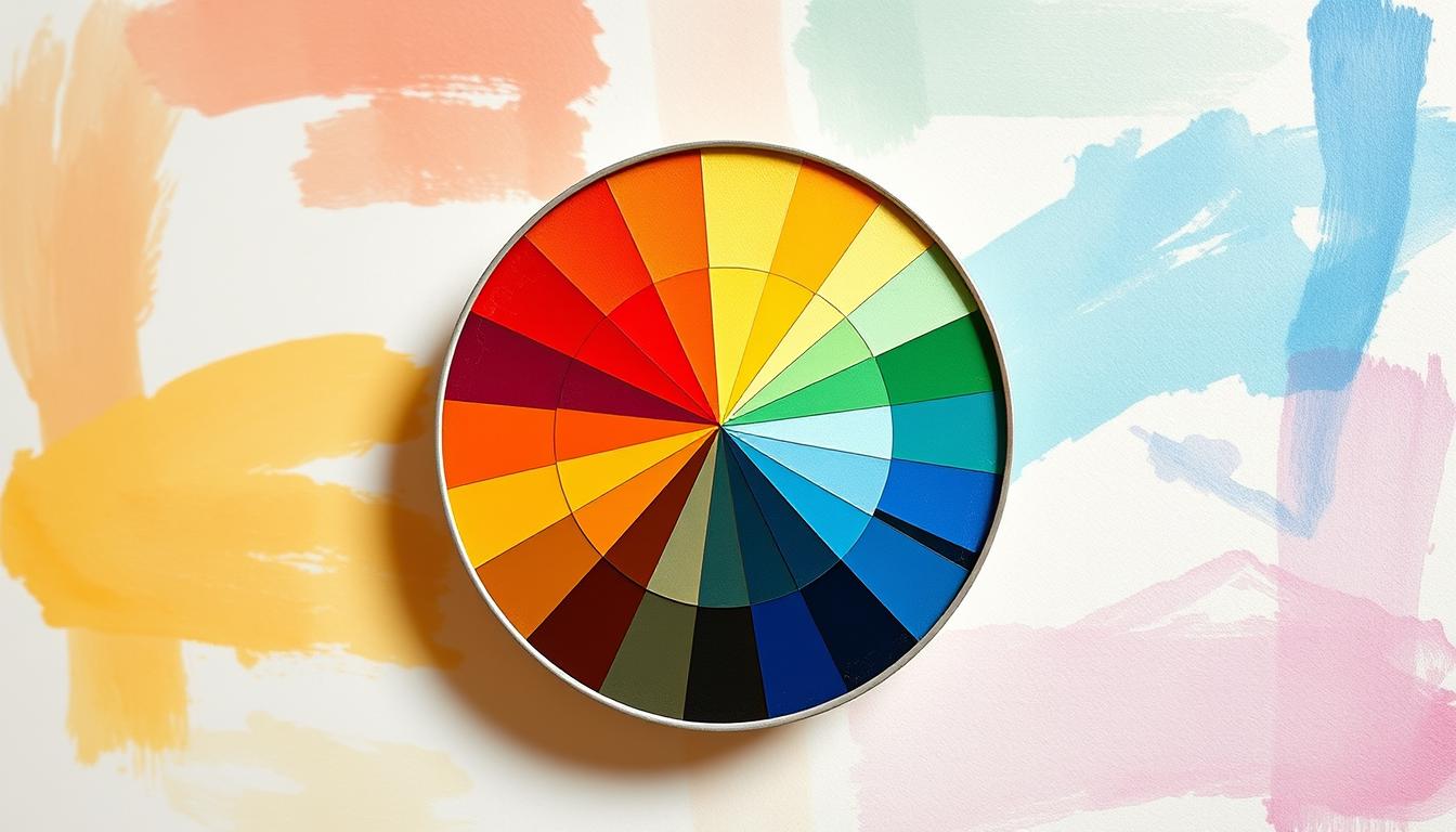 An intricate color wheel for original art paintings, showcasing a vibrant spectrum of hues. In the foreground, the wheel is rendered in a clean, minimalist style, with distinct color segments arranged in a circular formation. The middle ground features a subtle background of brushstrokes, hinting at the creative process behind the artwork. Warm and cool tones are balanced, creating a sense of harmony and depth. The lighting is soft and diffused, casting a gentle glow over the entire scene. The overall atmosphere is one of artistic inspiration and exploration. Noho Art.