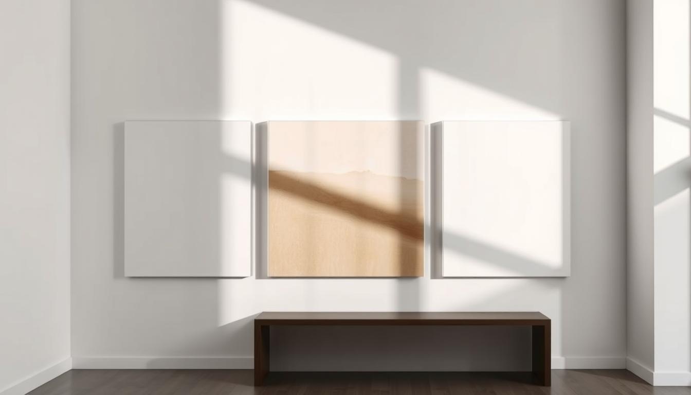 Noho Art - A modern, minimalist study on the rule of thirds in contemporary art composition. Sleek white gallery walls frame a well-balanced triptych of abstract canvases. Dramatic side lighting casts long shadows, creating depth and dimension. The primary subject occupies the left third, with negative space drawing the eye to the right. Muted earth-toned palettes, clean lines, and a sense of harmony evoke a serene, contemplative atmosphere. Sophisticated and visually striking, this stylized scene showcases the timeless principles of aesthetic balance and visual storytelling.