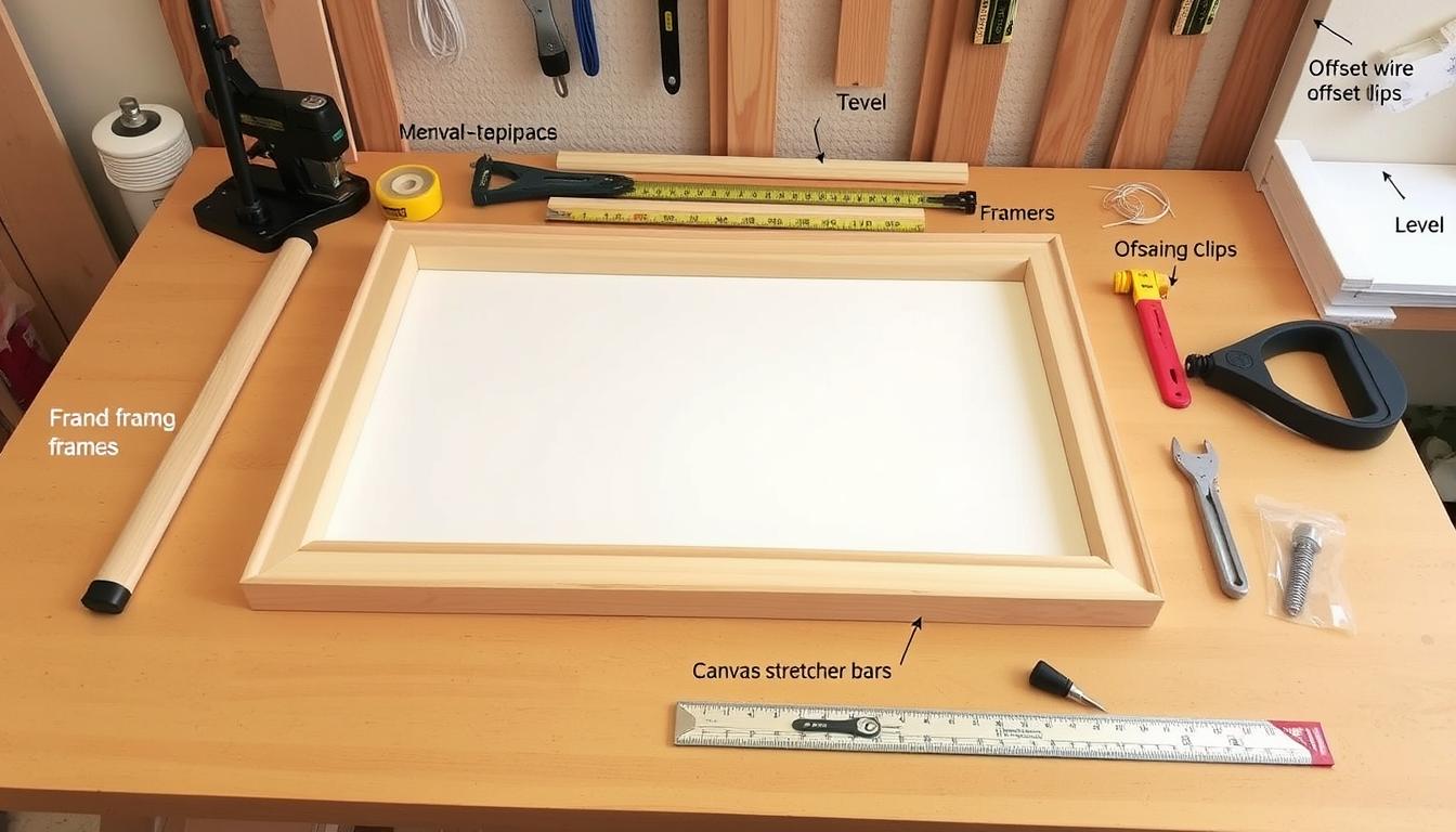 Tools and materials needed for framing a canvas painting including wood frames, canvas stretchers, and tools laid out on a workbench. Noho Art