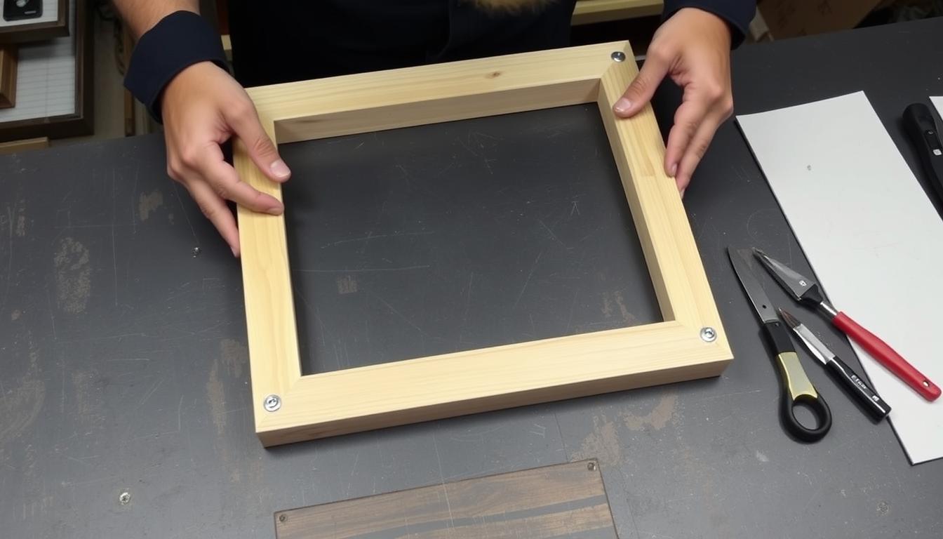 Person assembling a floater frame for a canvas painting. Noho Art