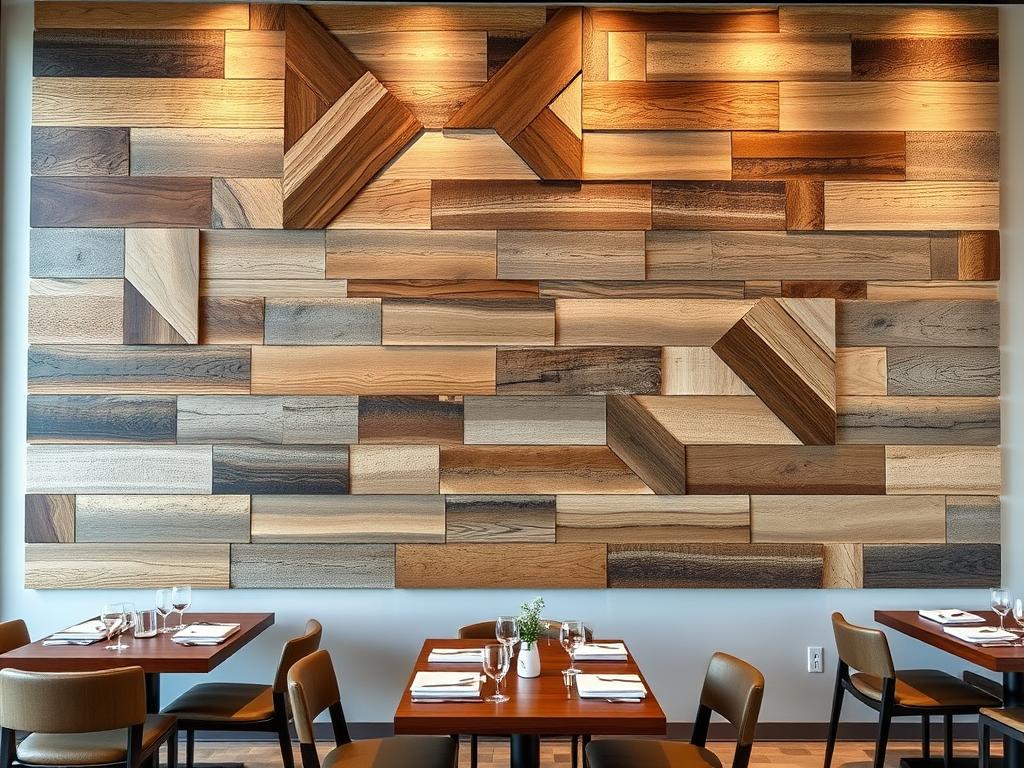 Unique wall art installation made from reclaimed wood in geometric patterns