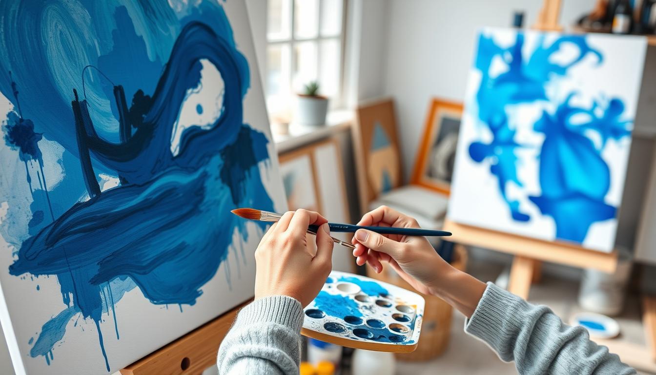 Artist creating a blue abstract painting in studio setting at Noho Art