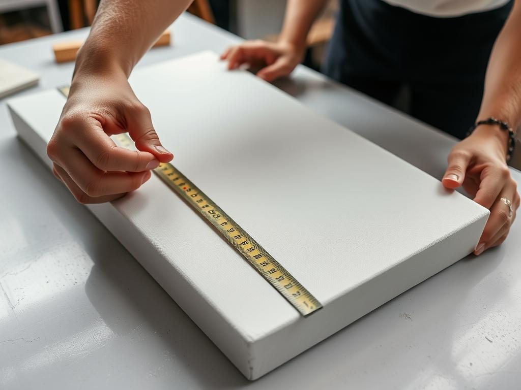 Person measuring a canvas painting with a measuring tape before framing. Noho Art