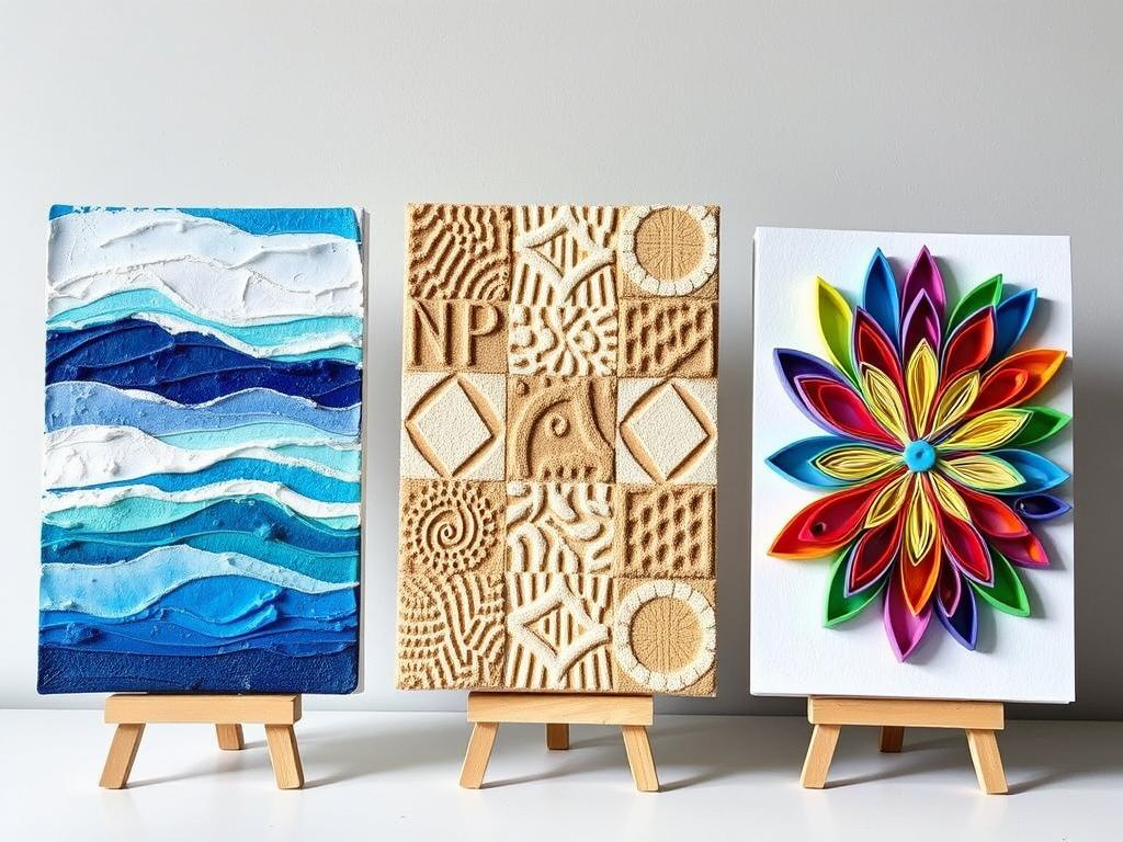 DIY textured wall art techniques showing layer painting, foam stamping, and paper quilling examples. Noho Art