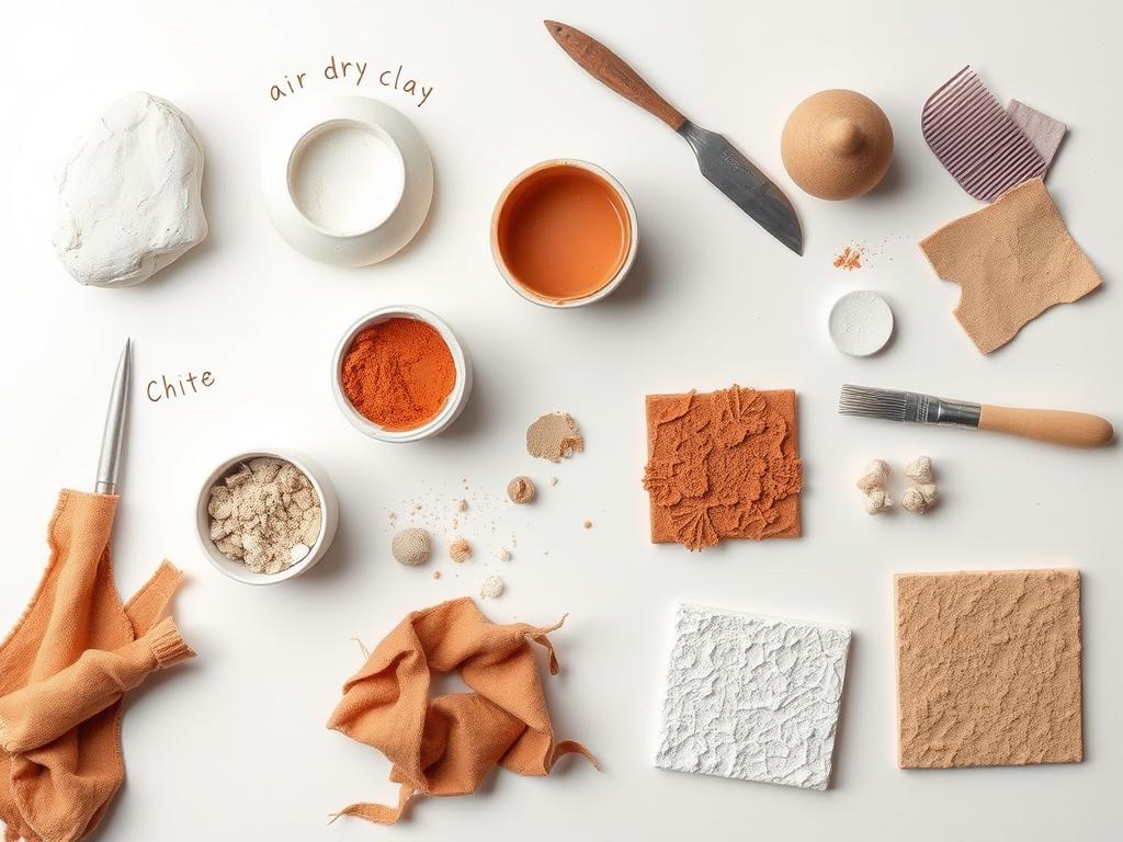 DIY textured wall art materials including clay, concrete, and fabric arranged on a workspace. Noho Art