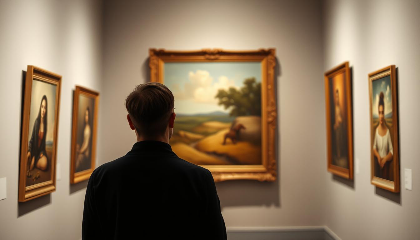 Person admiring an original art painting in a gallery with emotional connection