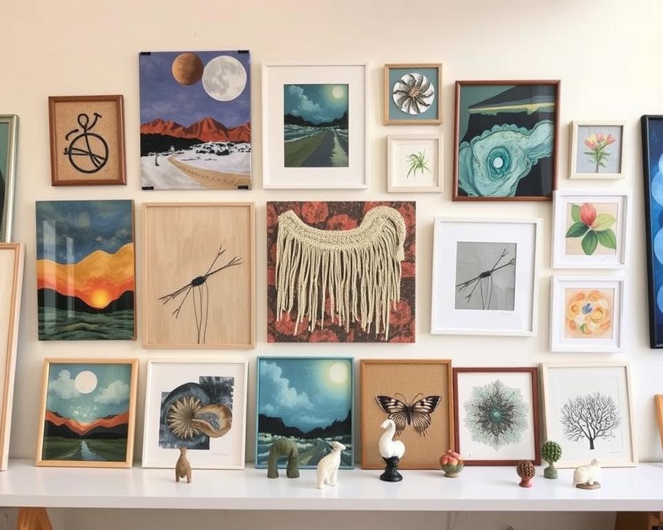 Collection of unique wall art pieces from independent artists showing diverse styles