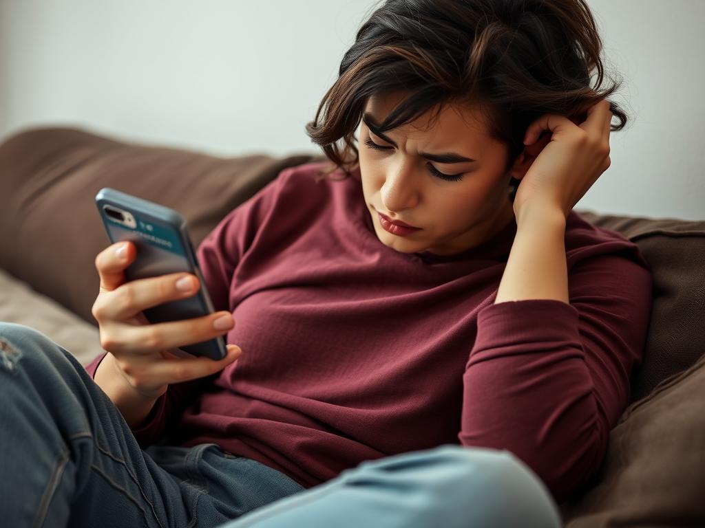 Person looking tired and disengaged while using a dating app on their phone