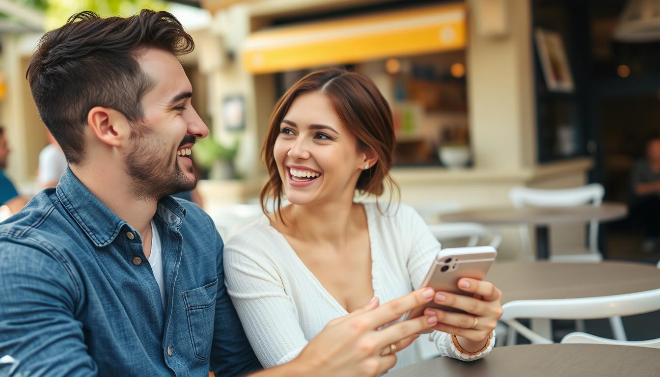 Happy couple who met through an online dating app, enjoying time together