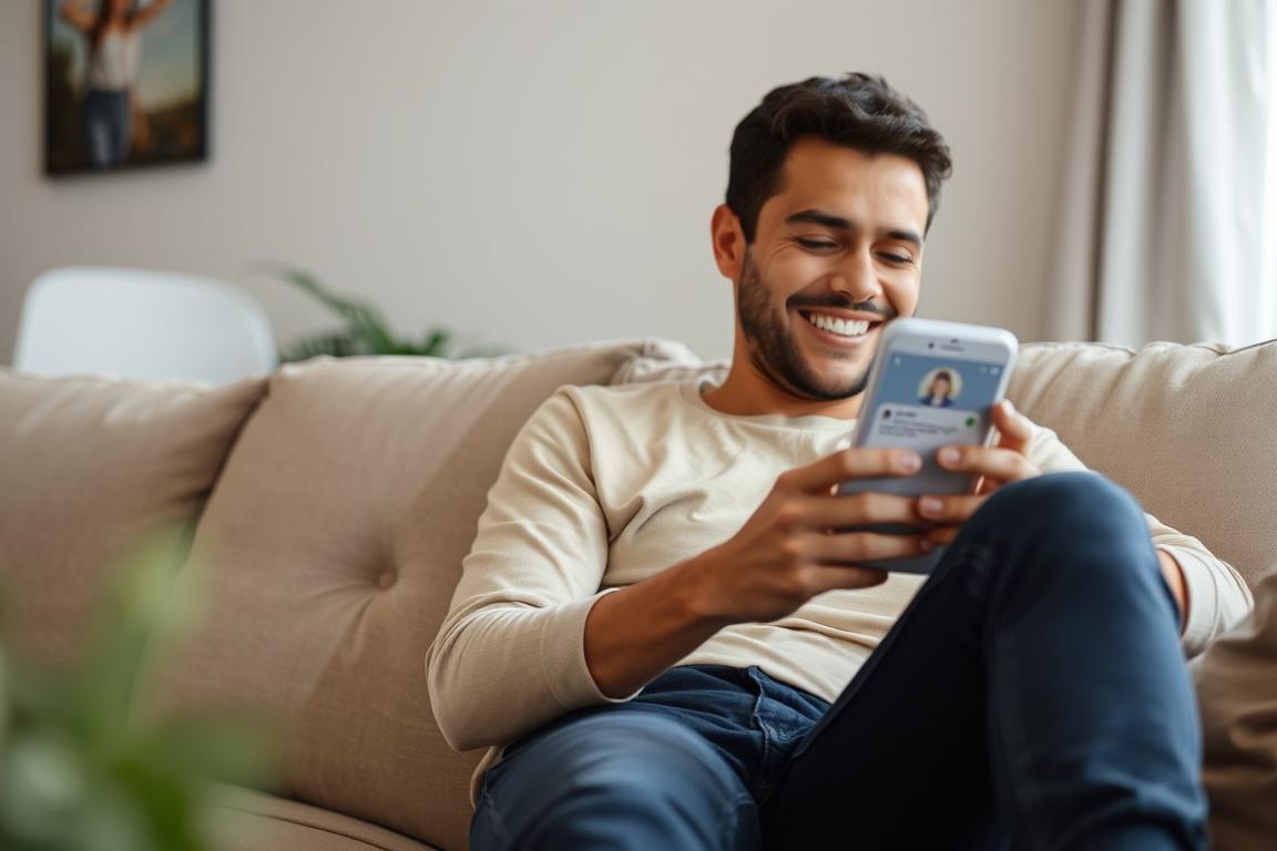 Person comfortably messaging on a dating app from home, looking relaxed