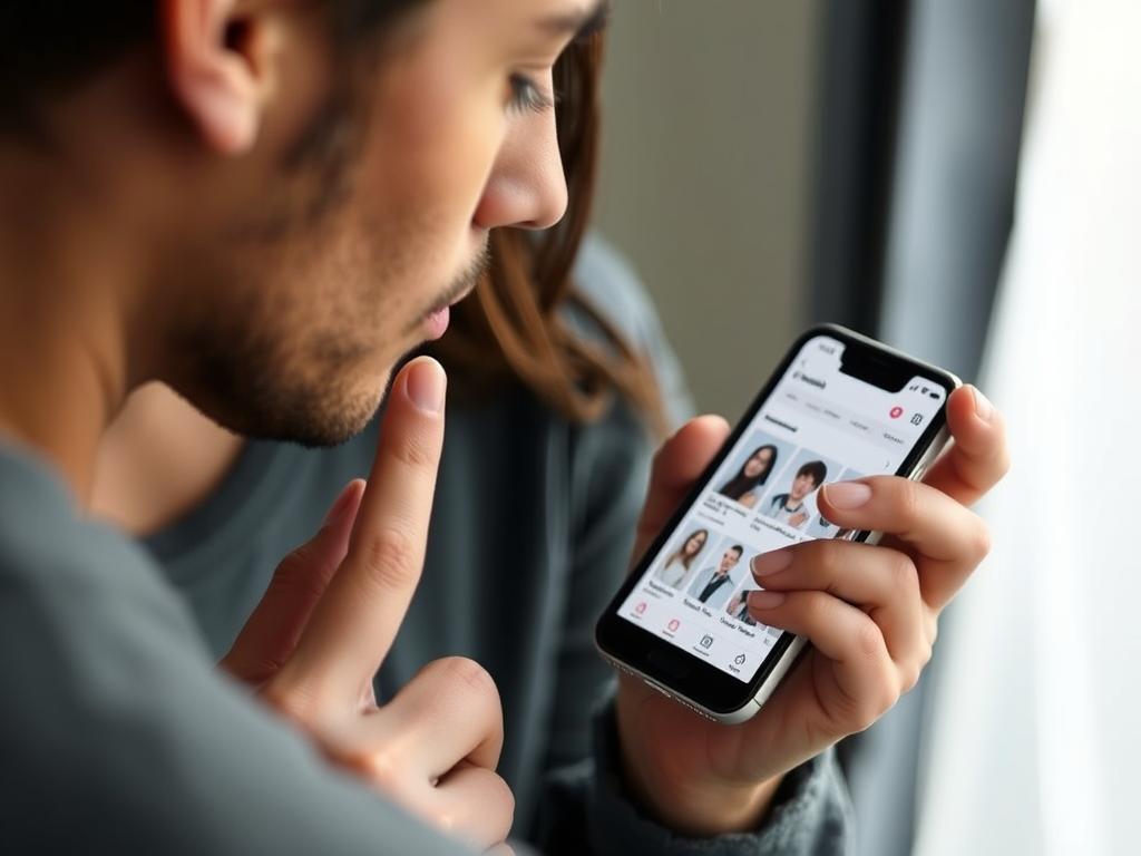 Person thoughtfully considering a limited number of quality matches on a dating app